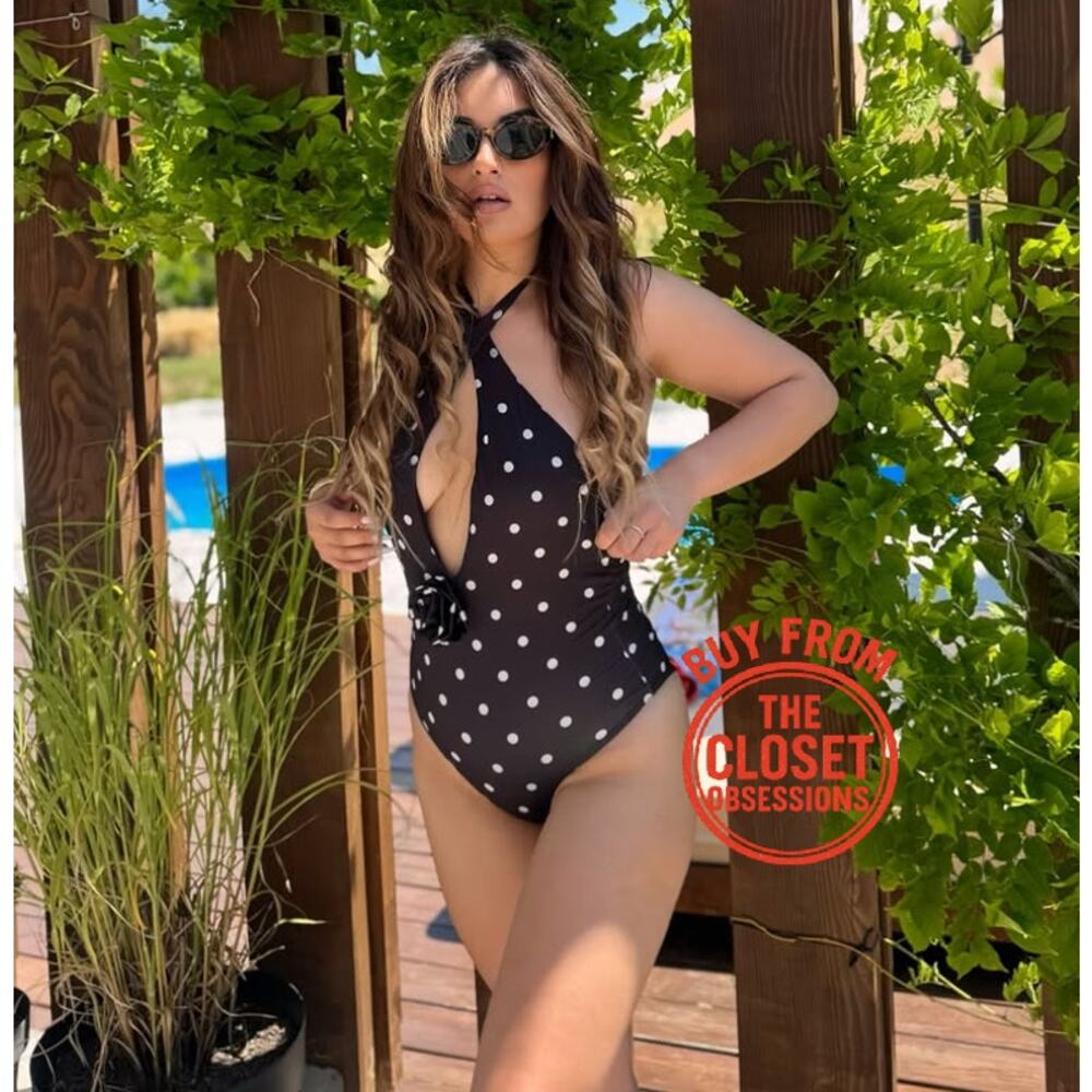 Zara NWT Black Polka Dot Halter Plunge One Piece Swimsuit L - Picture 3 of 12